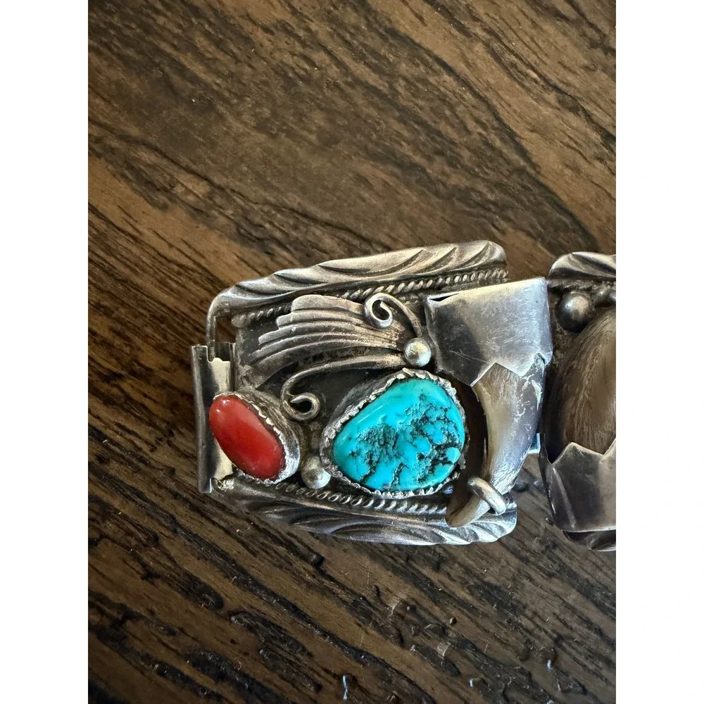Vintage Navajo Sterling Silver Turquoise Coral Bear Claw Watch Band Old Pawn DDC